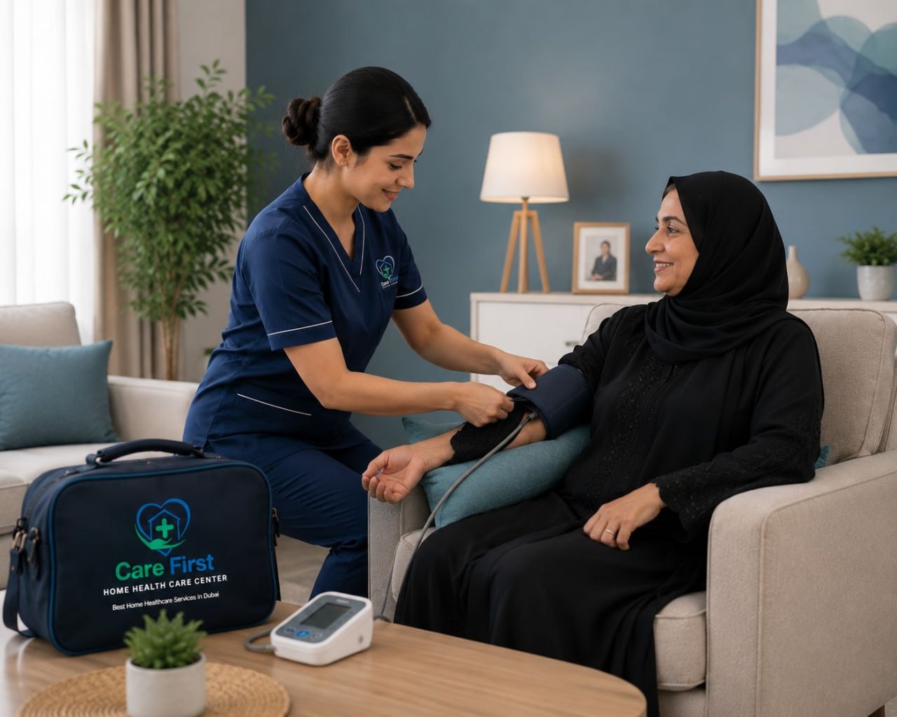 CareFirst nurse caring for an elderly patient at home in Dubai