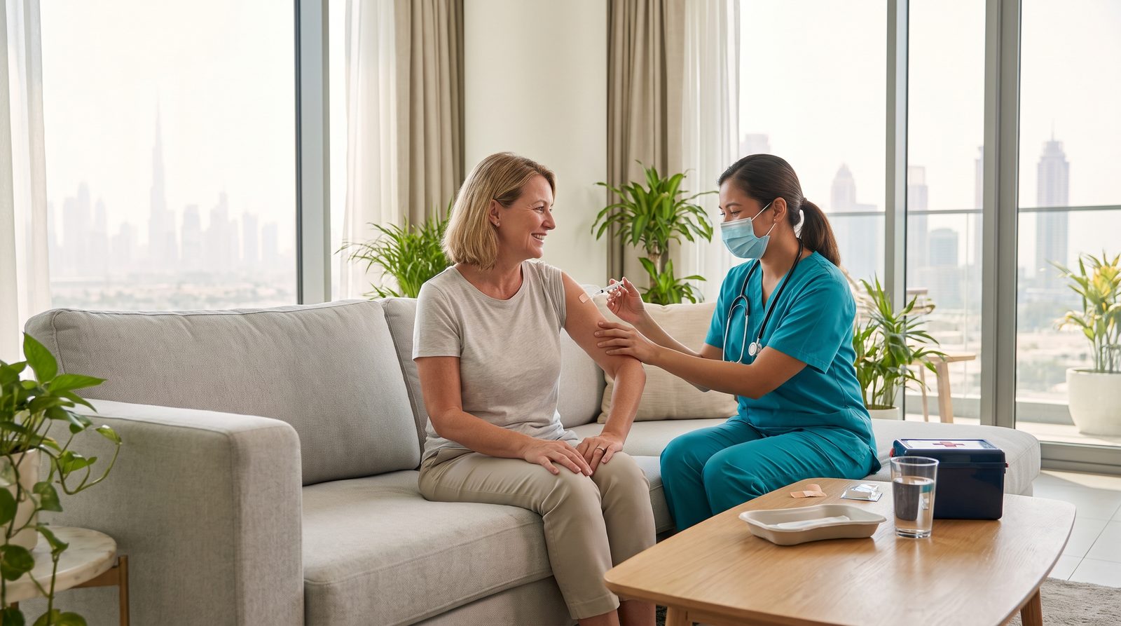 Nurse giving a flu vaccine to a woman at home in Dubai